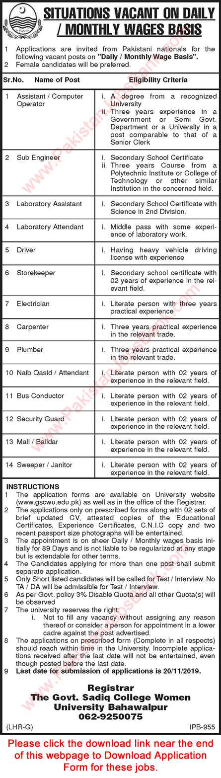 Government Sadiq College Women University Bahawalpur Jobs 2019 November Application Form Computer Operator & Others Latest