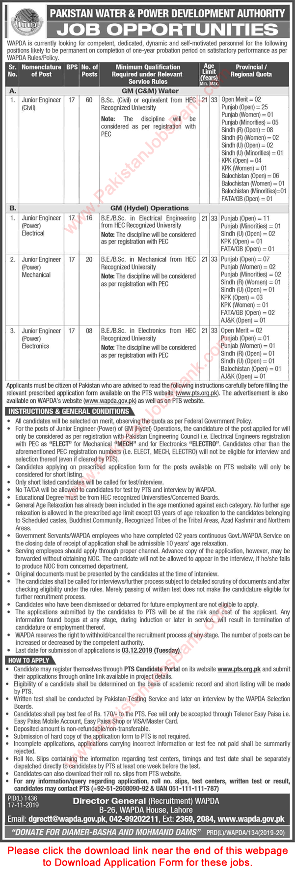 WAPDA Jobs November 2019 PTS Application Form Civil Engineers & Others Water and Power Development Authority Latest
