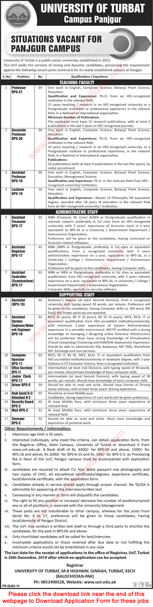 University of Turbat Panjgur Campus Jobs 2019 November Application Form Teaching Faculty & Others Latest