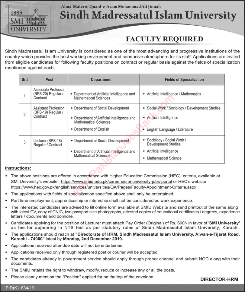 Sindh Madressatul Islam University Karachi Jobs November 2019 SMIU Teaching Faculty Latest