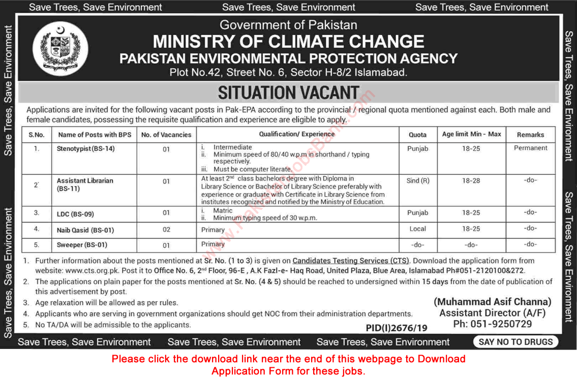 Ministry of Climate Change Islamabad Jobs November 2019 CTS Application Form Naib Qasid & Others Latest