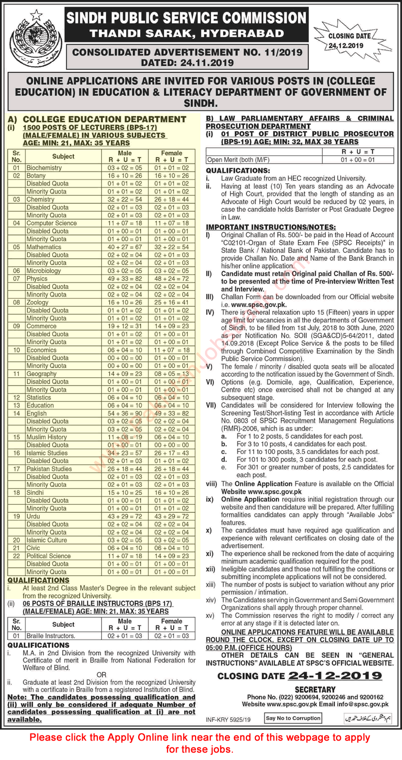 Lecturer Jobs in College Education Department Sindh November 2019 SPSC Online Apply Latest