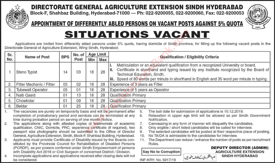 Agriculture Department Sindh Jobs November 2019 Disabled Quota Baildar, Naib Qasid & Others Latest