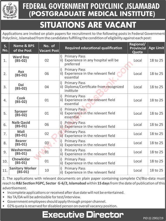 Federal Government Polyclinic Islamabad Jobs November 2019 December Sanitary Workers, Naib Qasid & Others Latest