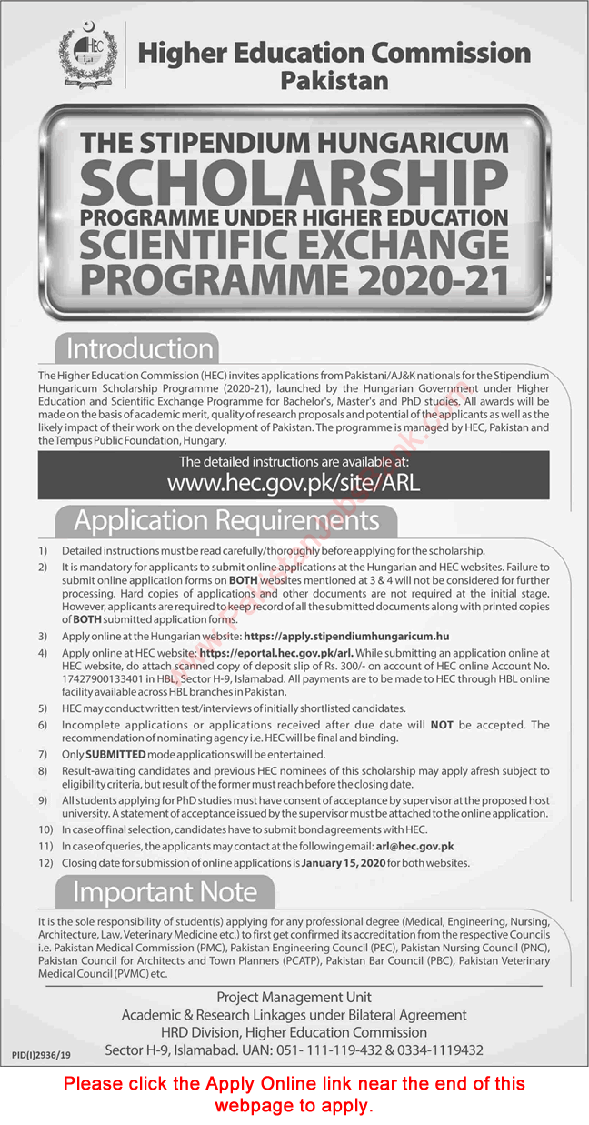 HEC Stipendium Hungaricum Scholarship Programme 2020-21 Apply Online Bachelors, Masters & PhD Studies Latest