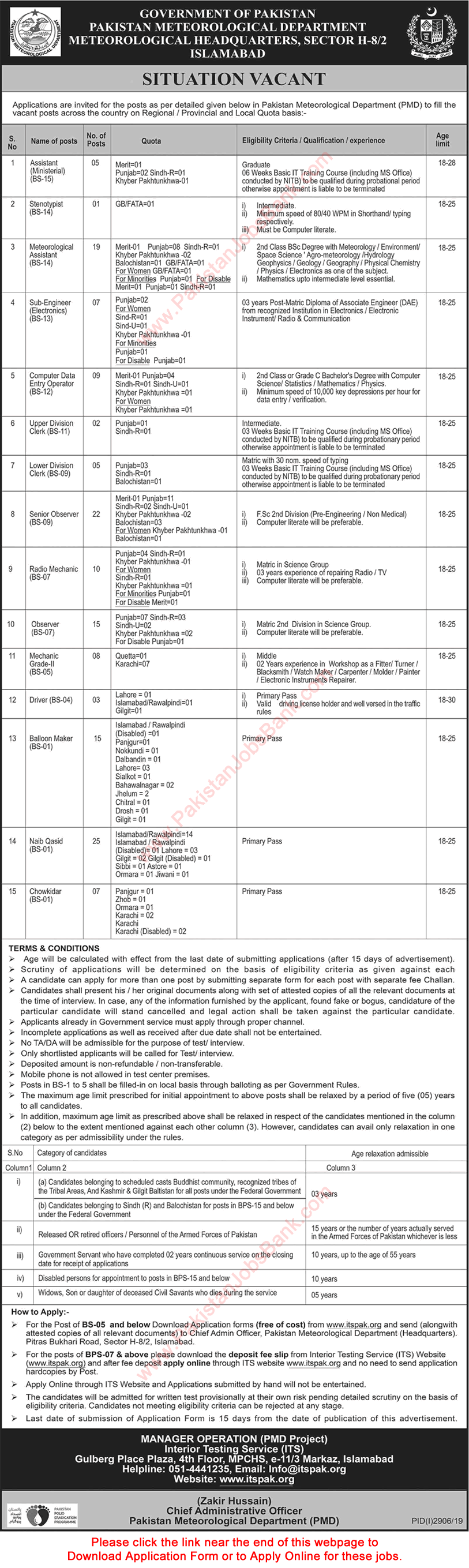 Pakistan Meteorological Department Jobs 2019 December ITS Online Application Form PMD Latest