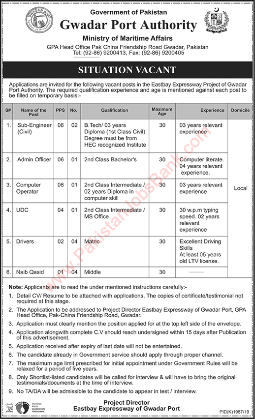 Gwadar Port Authority Jobs December 2019 GPA Drivers, Naib Qasid & Others Latest