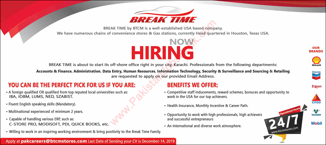 Break Time Corner Market Pakistan Jobs 2019 December Karachi BTCM Latest