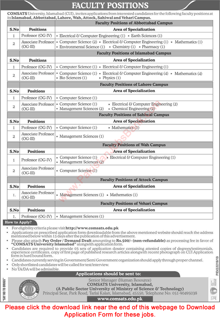 COMSATS University Jobs 2019 December Application Form Teaching Faculty Latest