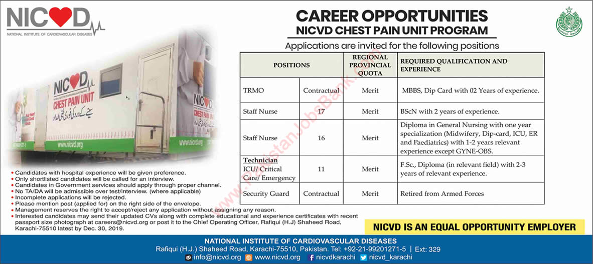 NICVD Jobs December 2019 Karachi Nurses, Medical Technicians & Others Chest Pain Unit Program Latest