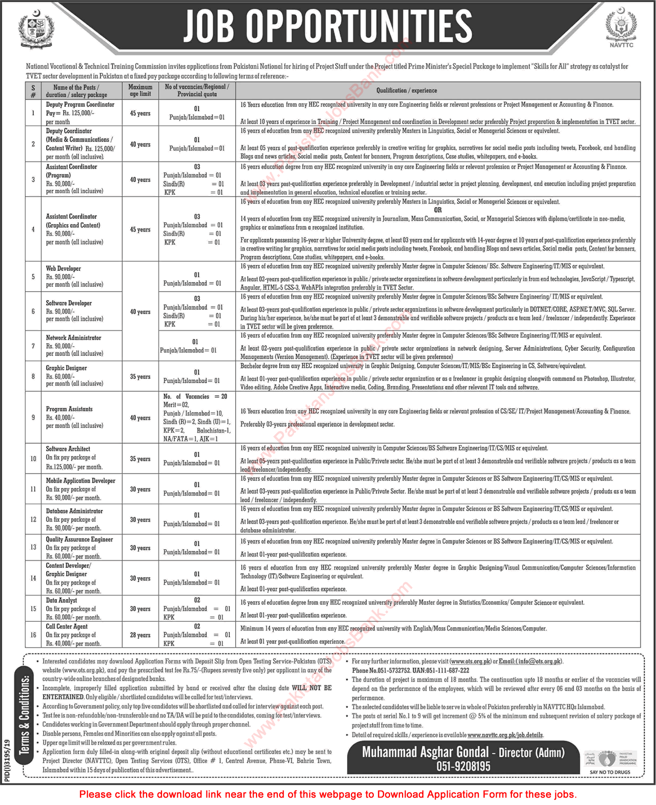 NAVTTC Jobs December 2019 OTS Application Form Program Assistants & Others Latest