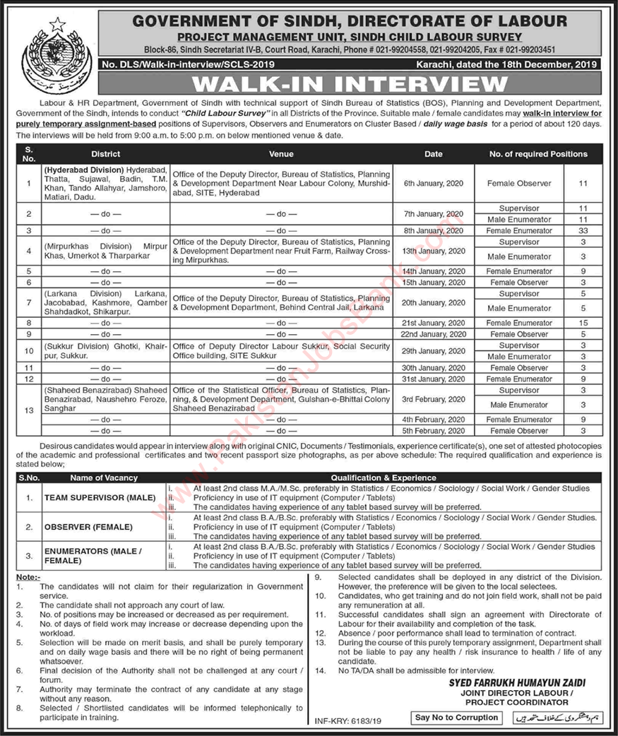 Labour Department Sindh Jobs 2019 December Enumerators, Observers & Supervisors Walk in Interviews Latest