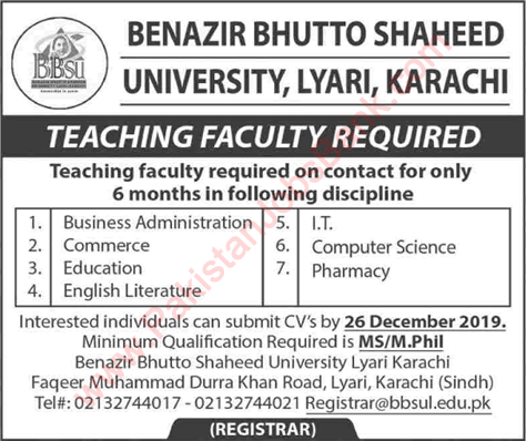 Teaching Faculty Jobs in Shaheed Benazir Bhutto University Karachi 2019 December Latest