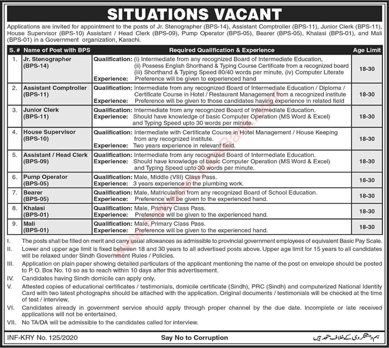 PO Box 10 Karachi Jobs 2020 January Government Organization Latest