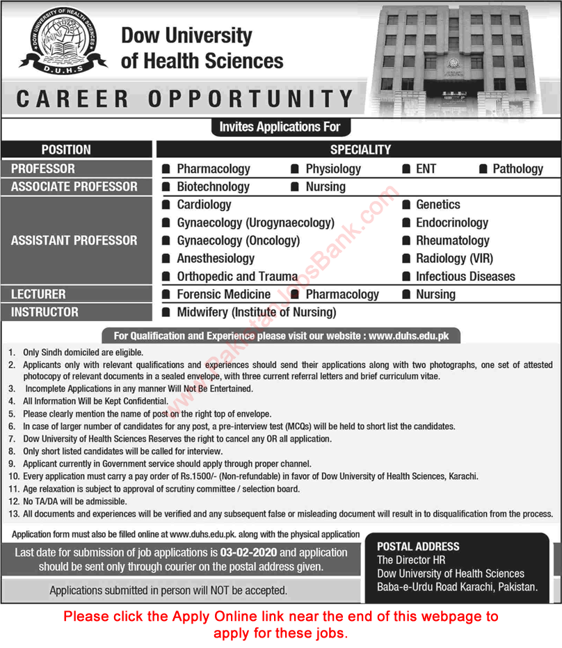 Dow University of Health Sciences Karachi Jobs 2020 Apply Online Teaching Faculty Latest