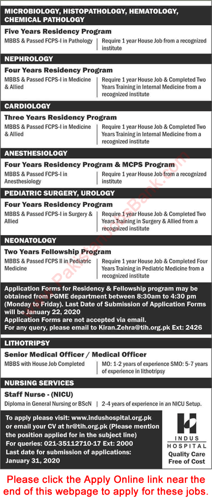Indus Hospital Jobs 2020 Apply Online Residency / Fellowship Programs & Others Latest