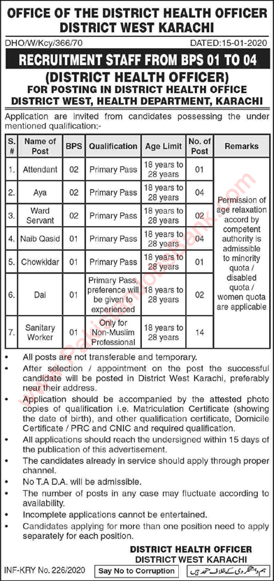 Health Department Karachi Jobs 2020 January Sanitary Workers, Naib Qasid & Others Latest