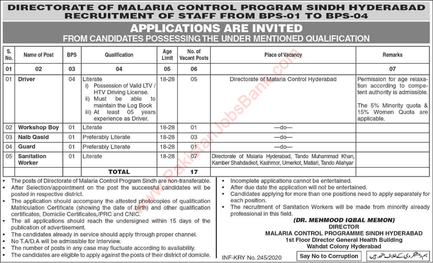 Malaria Control Program Sindh Jobs 2020 Drivers, Sanitary Workers, Naib Qasid & Others Latest