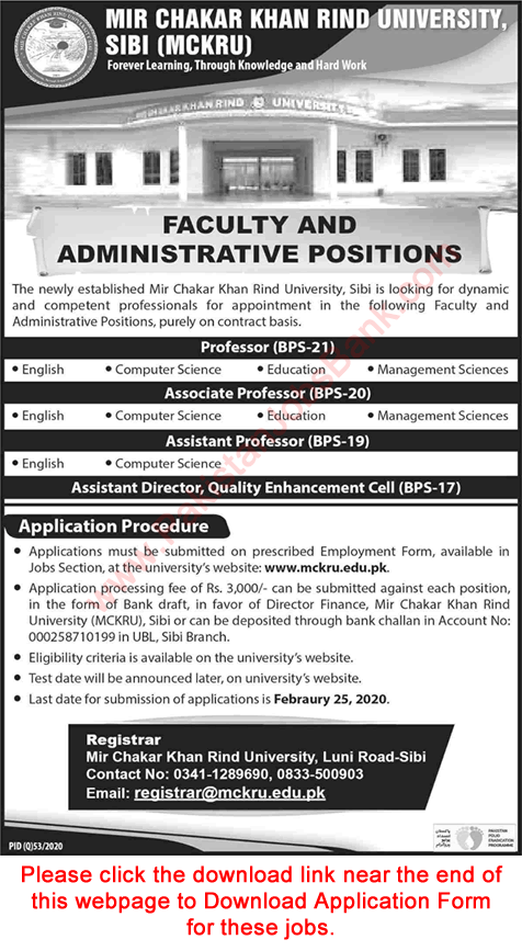 Mir Chakar Khan Rind University Sibi Jobs 2020 Application Form Teaching Faculty & Assistant Director Latest