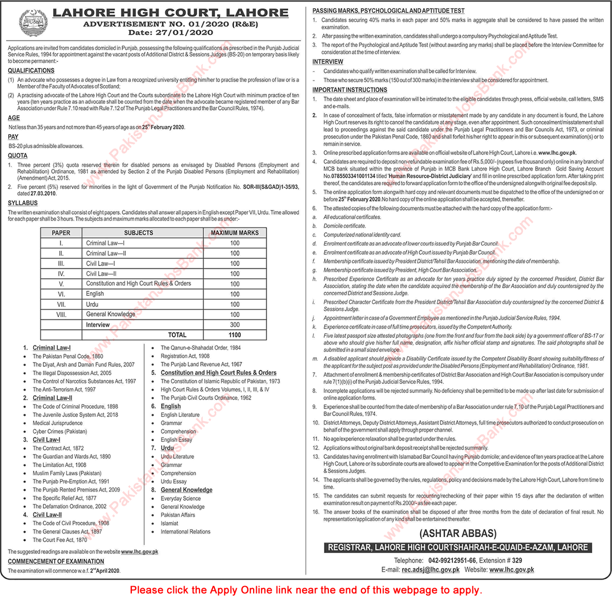 Additional District and Session Judge Jobs in Lahore High Court 2020 January LHC Apply Online Latest