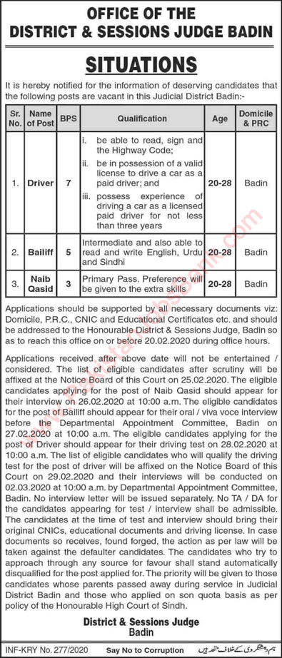 District and Session Court Badin Jobs 2020 January Naib Qasid, Driver & Bailiff Latest