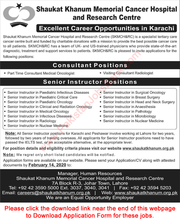 Shaukat Khanum Hospital Karachi Jobs 2020 February Application Form Medical Consultants & Senior Instructors Latest