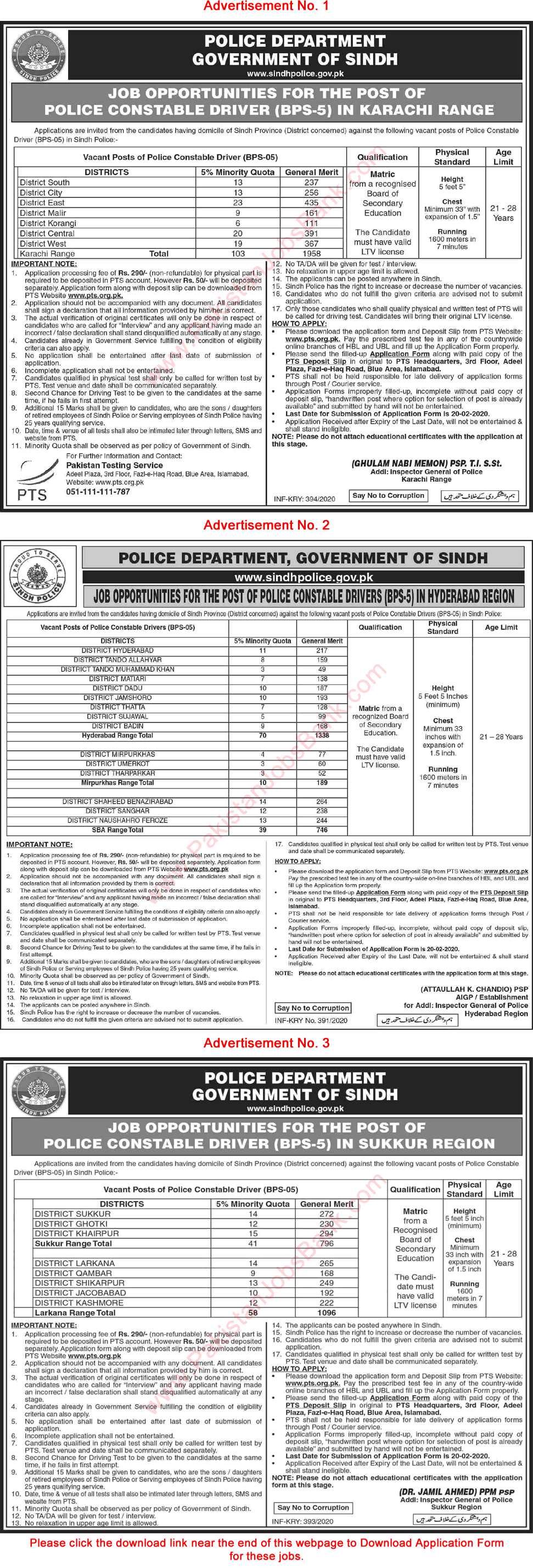 Constable Driver Jobs in Sindh Police 2020 February PTS Application Form Download Latest