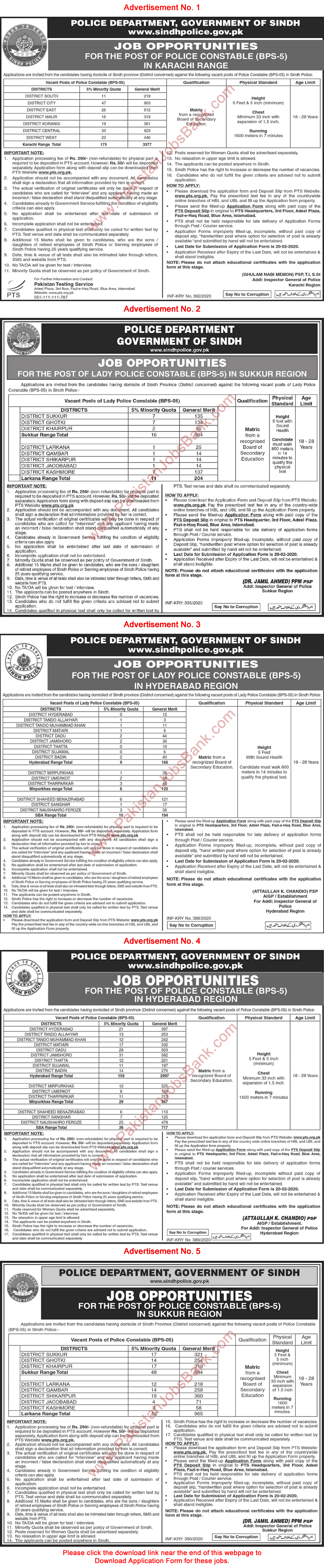 Lady / Police Constable Jobs in Sindh Police February 2020 PTS Application Form Latest