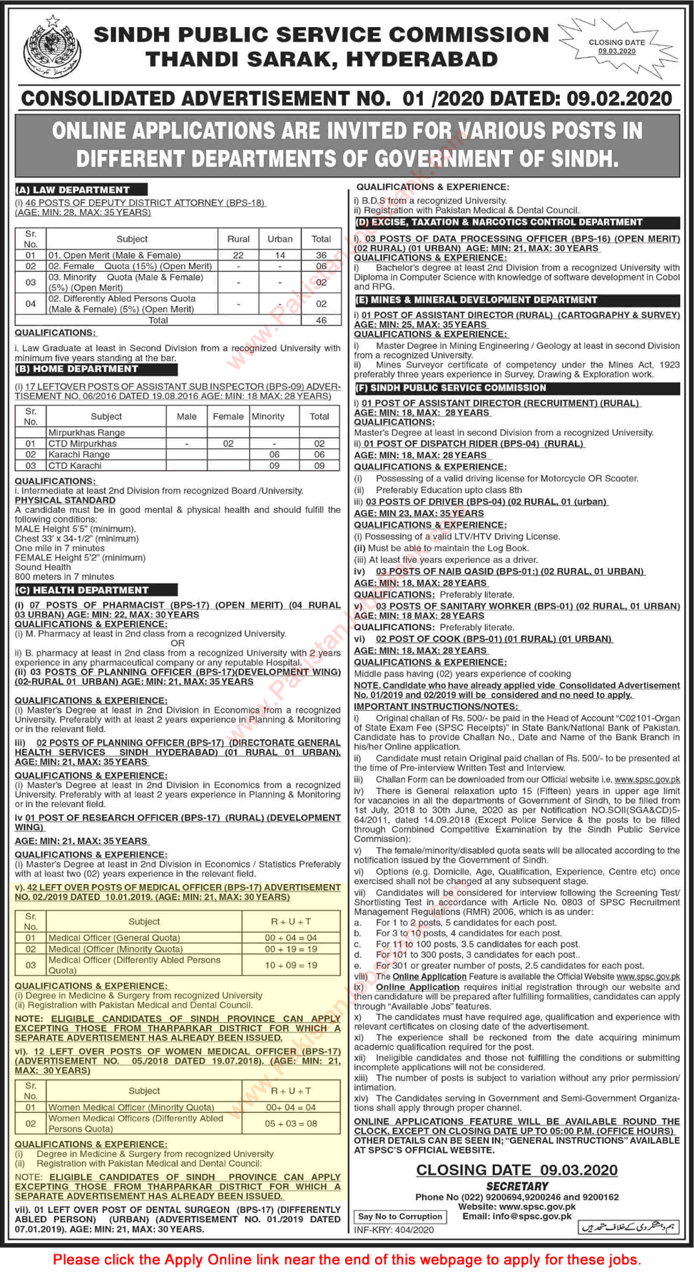Medical Officer Jobs in Health Department Sindh 2020 February SPSC Online Application Form Latest