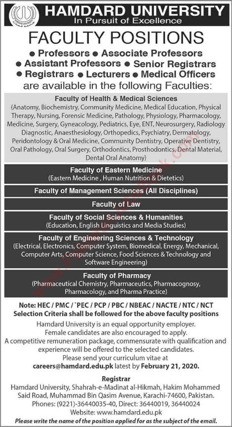 Hamdard University Karachi Jobs 2020 February Teaching Faculty & Medical Officers Latest