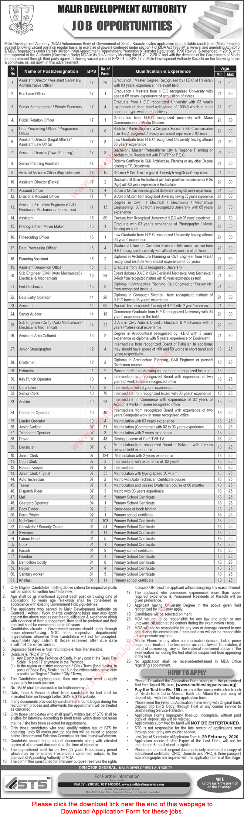 Malir Development Authority Jobs 2020 February STS Application Form MDA Karachi Clerks, Naib Qasid & Others Latest