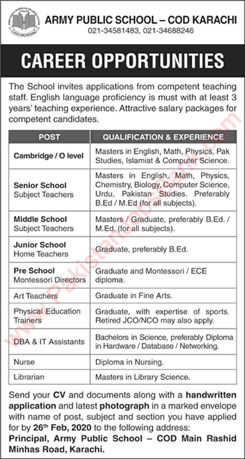 Army Public School COD Karachi Jobs 2020 February Teaching & Other APS Latest