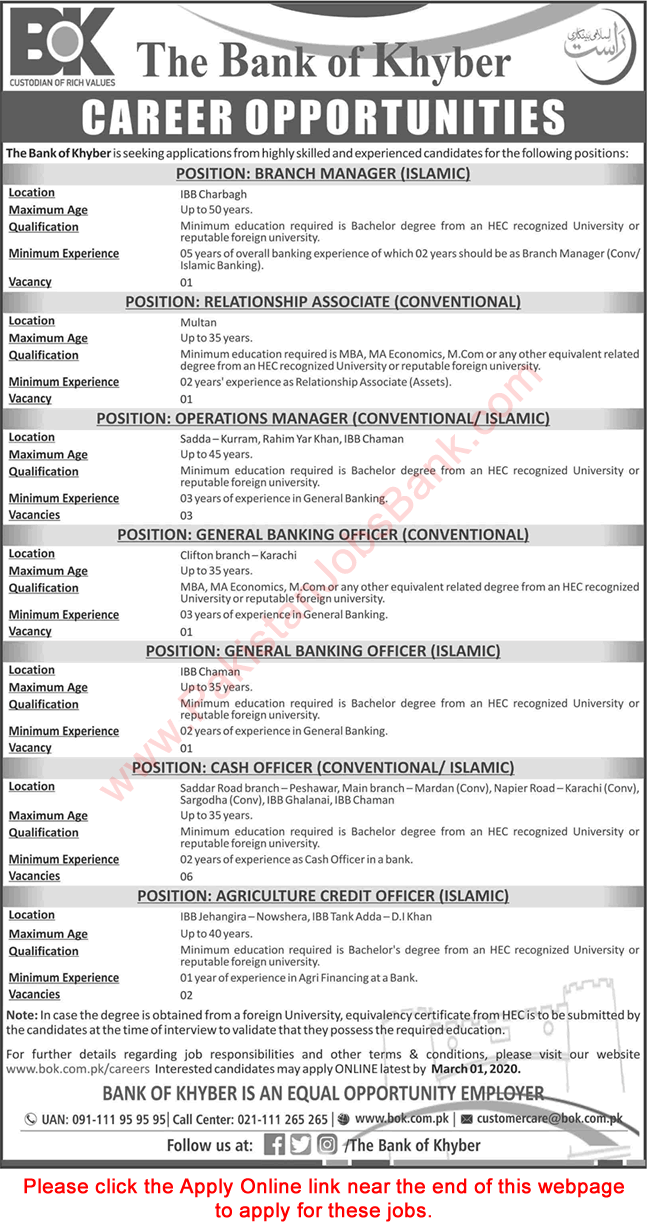 Bank of Khyber Jobs 2020 February Apply Online Cash Officers, Operations Managers & Others Latest