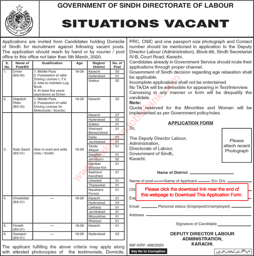 Directorate of Labour Sindh Jobs 2020 February Application Form Naib Qasid, Chowkidar & Others Latest