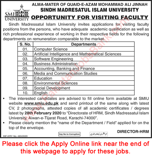 Sindh Madressatul Islam University Karachi Jobs 2020 February SMIU Apply Online Teaching Faculty Latest