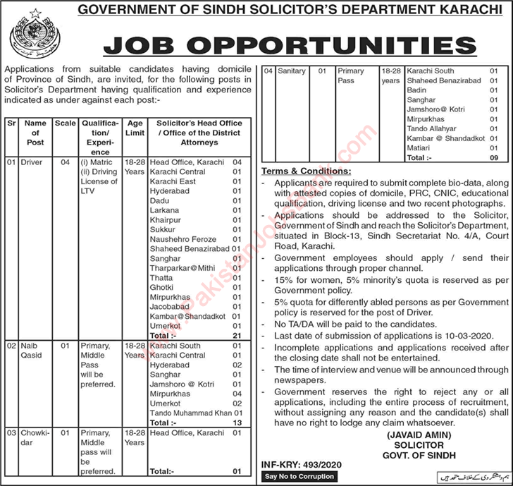 Solicitor Department Sindh Jobs 2020 February Drivers, Naib Qasid & Others Latest