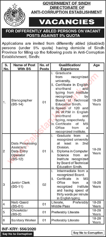 Anti Corruption Establishment Sindh Jobs 2020 February Clerks, Stenographers & Others Latest