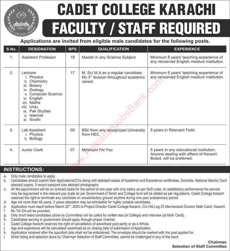 Cadet College Karachi Jobs 2020 February Teaching Faculty, Lab Assistants & Clerks Latest