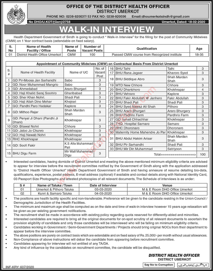 Community Midwifes Jobs in Health Department Umerkot 2020 February / March Walk In Interview Latest