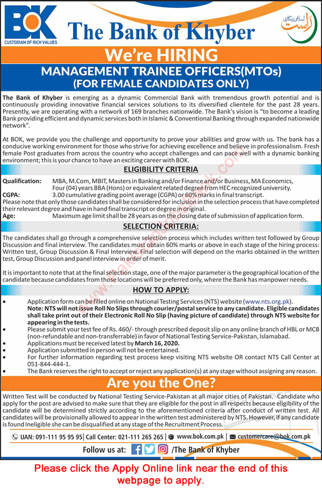 Management Trainee Officer Jobs in Bank of Khyber 2020 March NTS Online Apply Female MTOs Latest