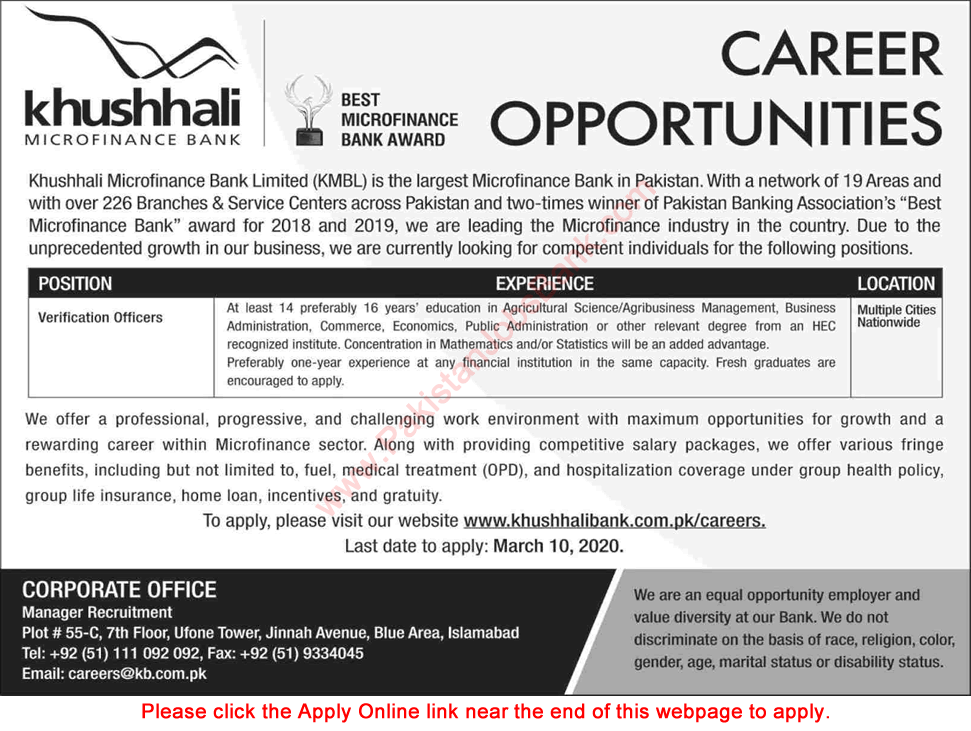 Verification Officer Jobs in Khushhali Microfinance Bank 2020 March Apply Online Latest