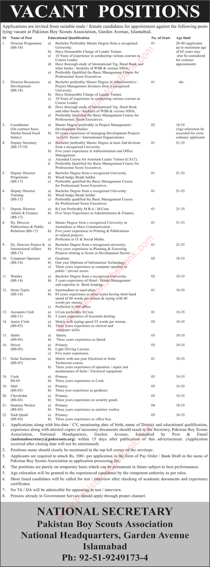 Pakistan Boy Scouts Association Islamabad Jobs 2020 March Computer Operators, Clerks & Others Latest