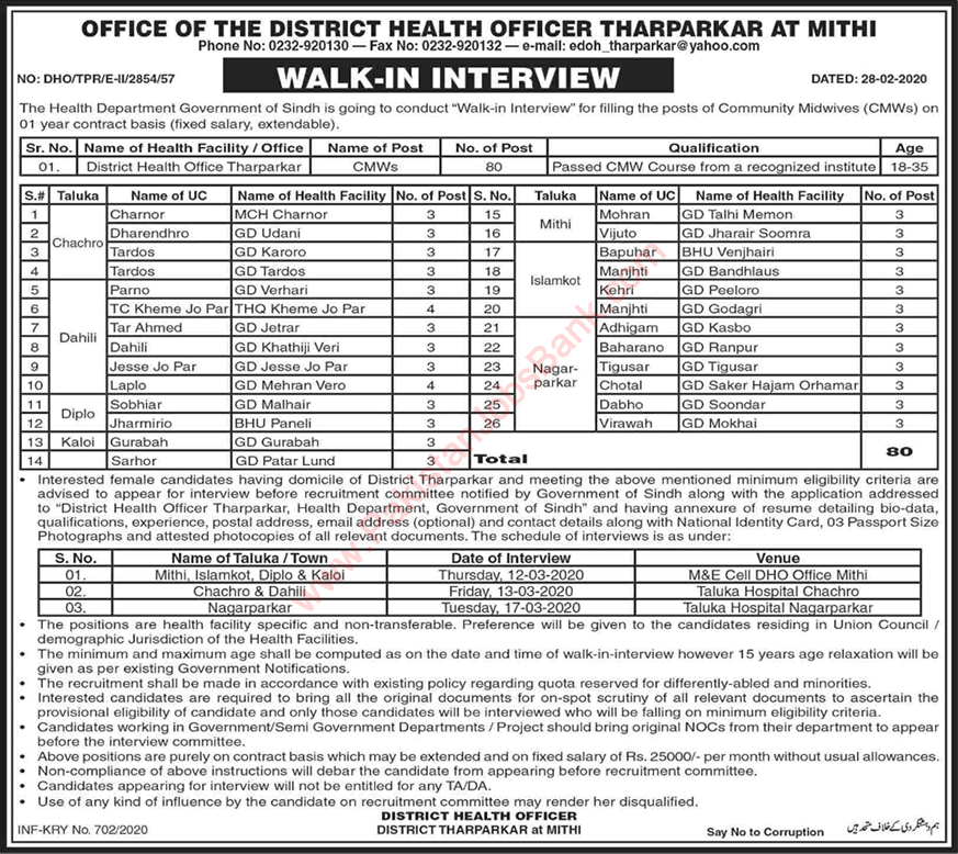 Community Midwifes Jobs in Health Department Tharparkar 2020 March Walk In Interview Latest