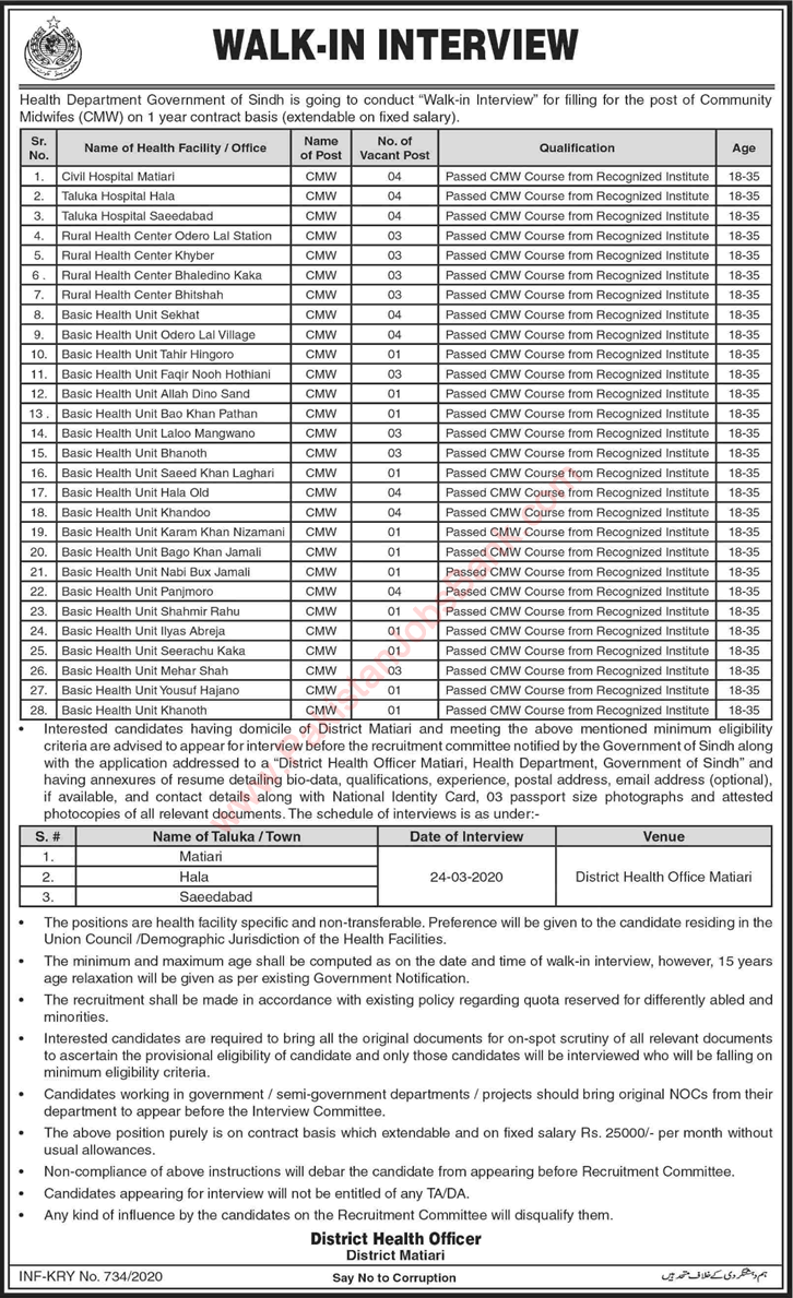 Health Department Matiari Community Midwife Jobs March 2020 Walk in Interviews Latest