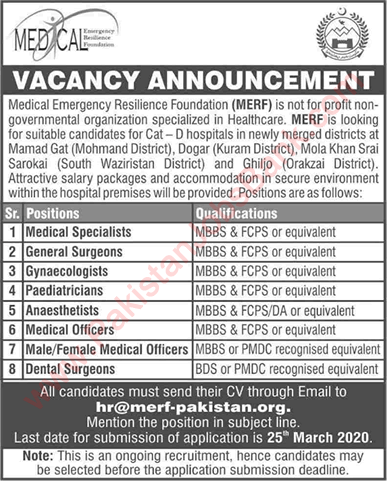 MERF Pakistan Jobs 2020 March Medical Officers & Specialist Doctors Medical Emergency Resilience Foundation Latest