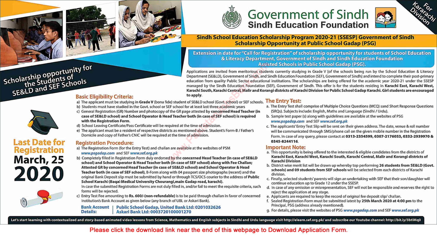 Sindh School Education Scholarship Program 2020-21 Application Form Sindh Education Foundation SSESP Latest
