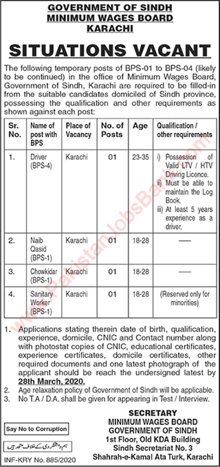 Minimum Wages Board Karachi Jobs 2020 March Driver, Naib Qasid & Others Latest