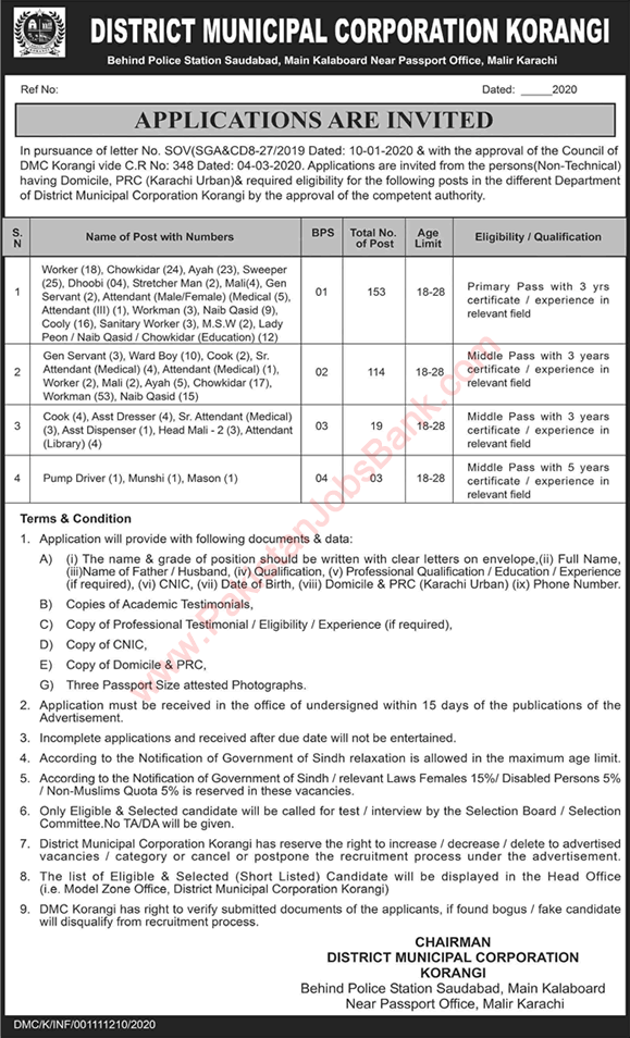 District Municipal Corporation Karachi Jobs 2020 March Korangi Workman, Chowkidar & Others Latest