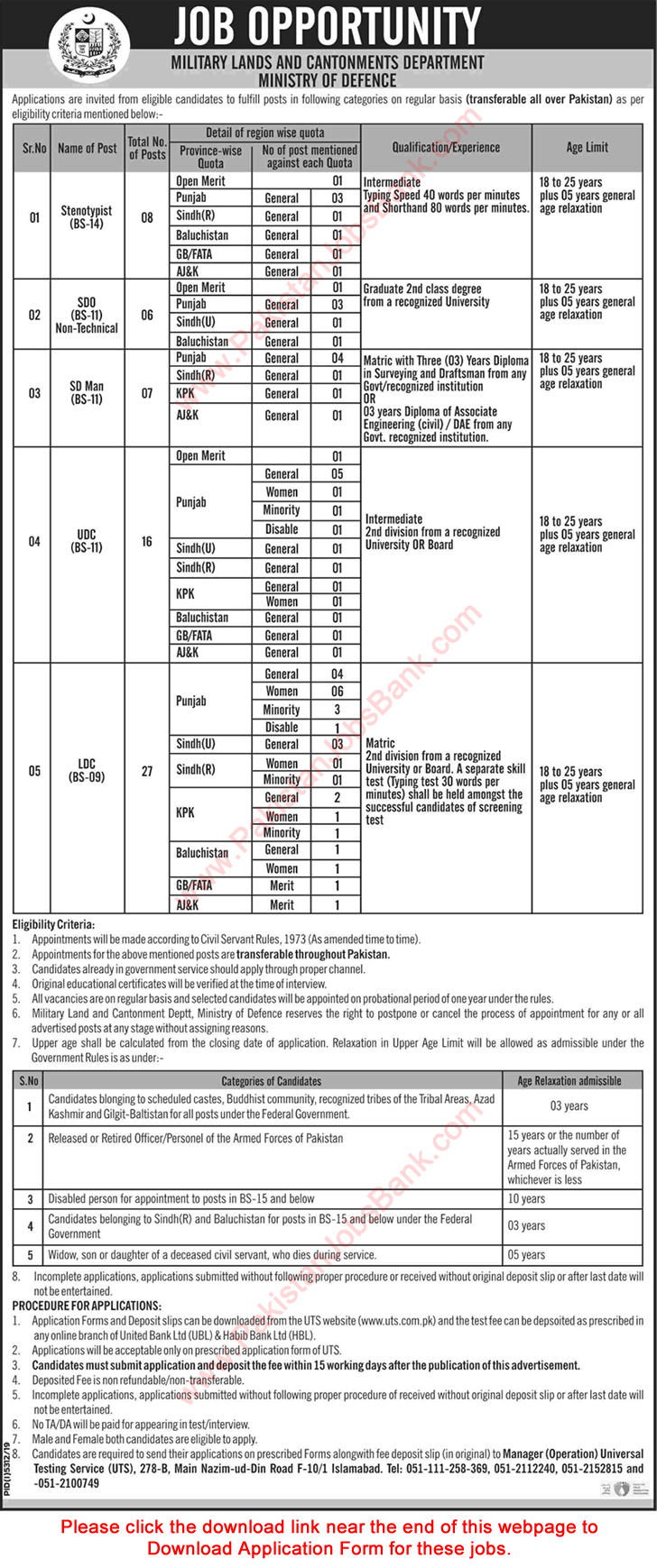 Military Land and Cantonment Department Jobs 2020 March UTS Application Form Latest