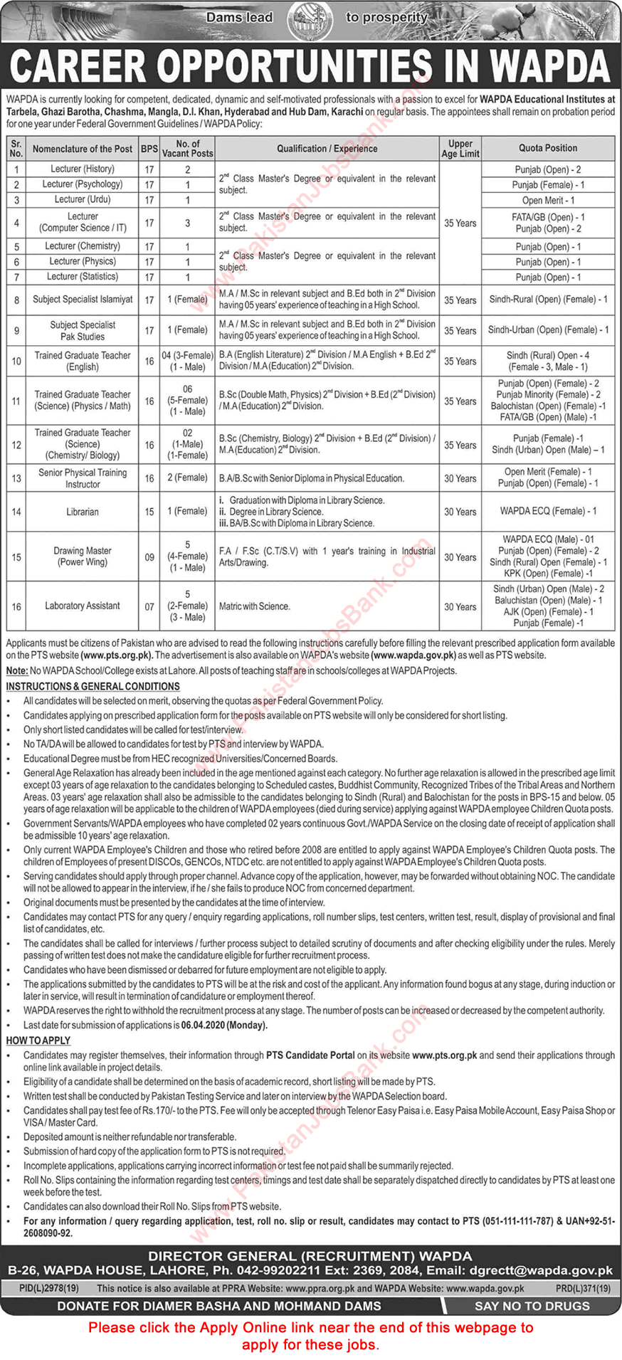 WAPDA Jobs March 2020 PTS Online Apply Lecturers, Teachers, Lab Assistants & Others Latest